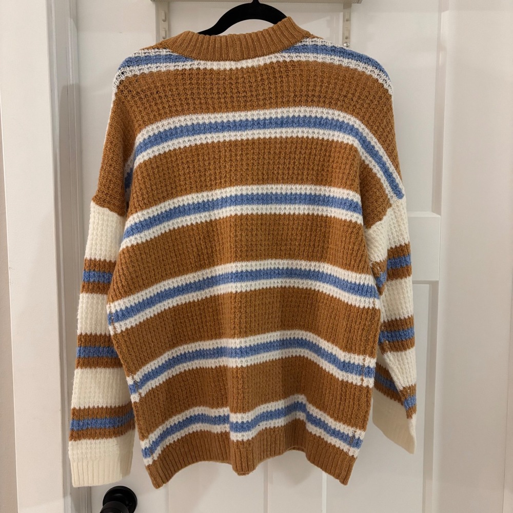 American Eagle Striped Waffle Chunky Thick Knit Sweater Brown Blue White Women's - Picture 4 of 5